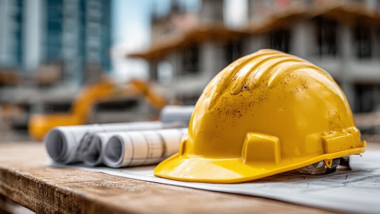 A Close-Up View of a Yellow Hard Hat Resting on Construction Plans at a Building Site, Highlighting Safety and Engineering in Progress