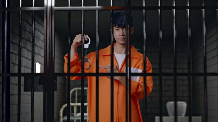 Asian Male Prisoner Standing In Prison, Showing The Handcuffs And Pointing To Them