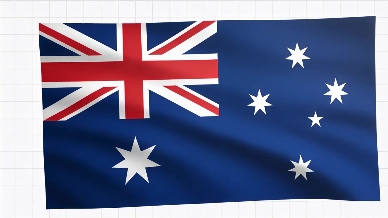 Wehende australische Flagge mit Union Jack, 7-zackigem Stern und dem Kreuz des Südens auf weißem Gitterhintergrund.
