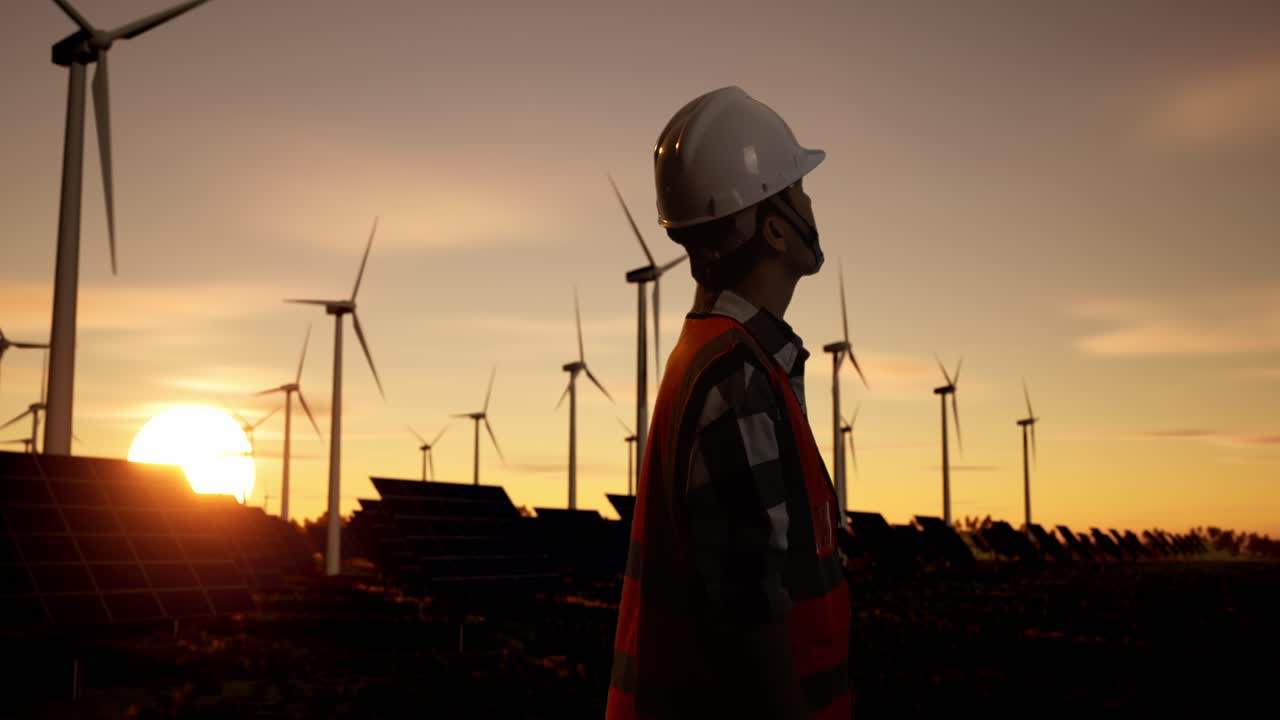 Engineer at a Wind and Solar Farm at Sunset