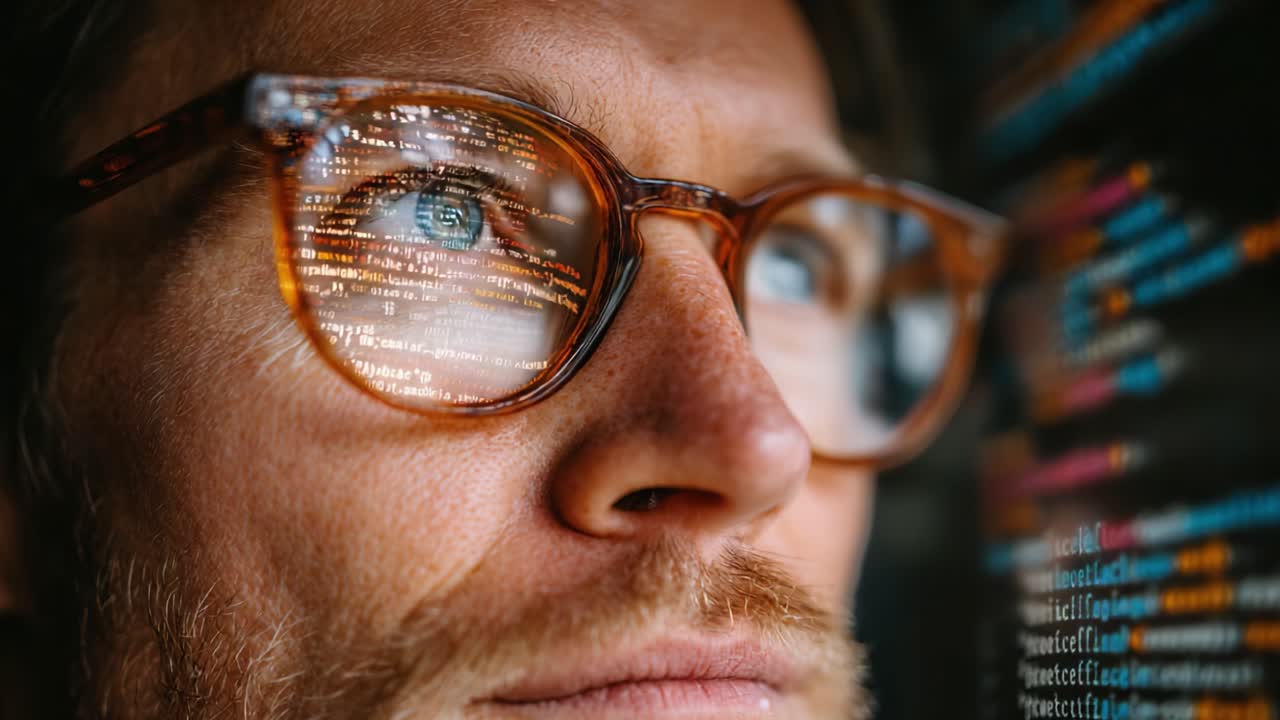 Nærbillede af en fokuseret person med stilfulde briller, der absorberer kodelinjer reflekteret i deres linser, og viser koncentration om programmering og teknologi.
