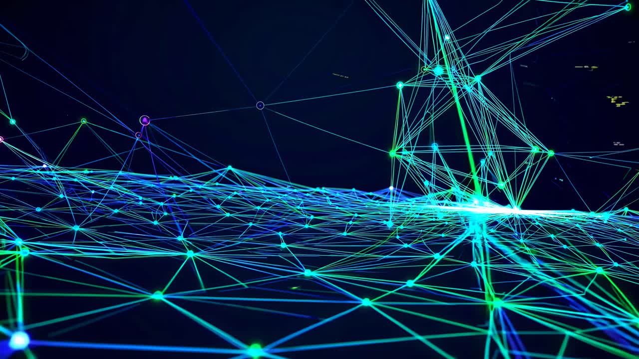 Dynamic low-angle shot of interconnected neon lines forming a digital network