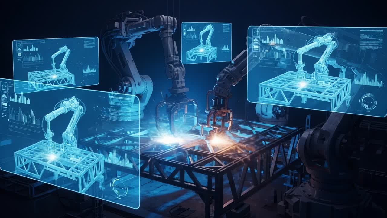 Advanced Robotic Automation in Manufacturing: A Dynamic Display of Precision Engineering and Real-Time Data Analytics Showcasing Robots Working Seamlessly to Fabricate Complex Structures with High Efficiency