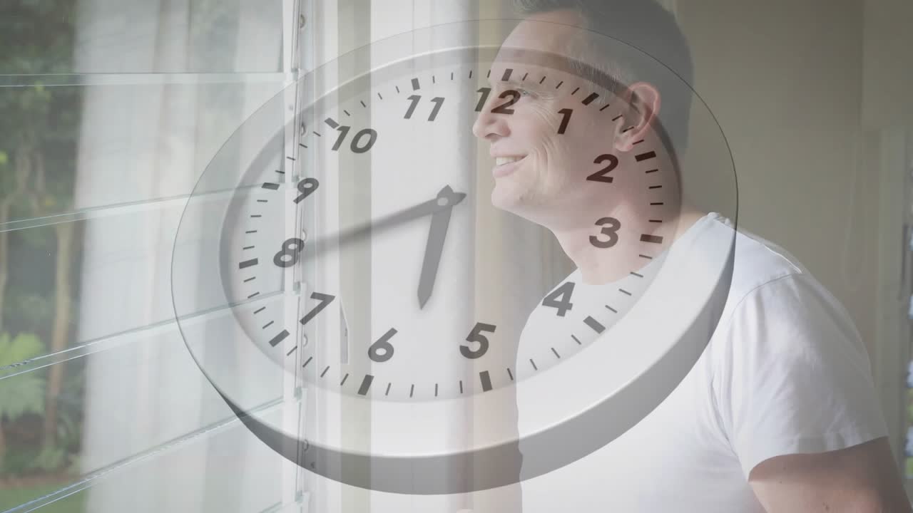 Analog clock advancing hour initiating man sipping coffee by window reflecting in health routine