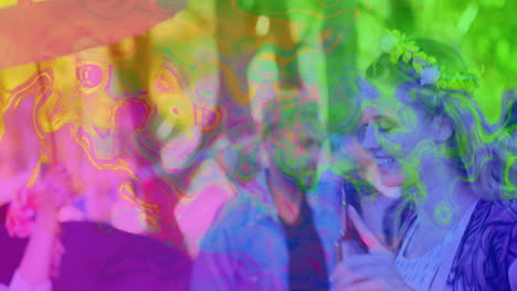 group of friends sharing beer bottle in park, featuring colorful swirl overlay for event marketing