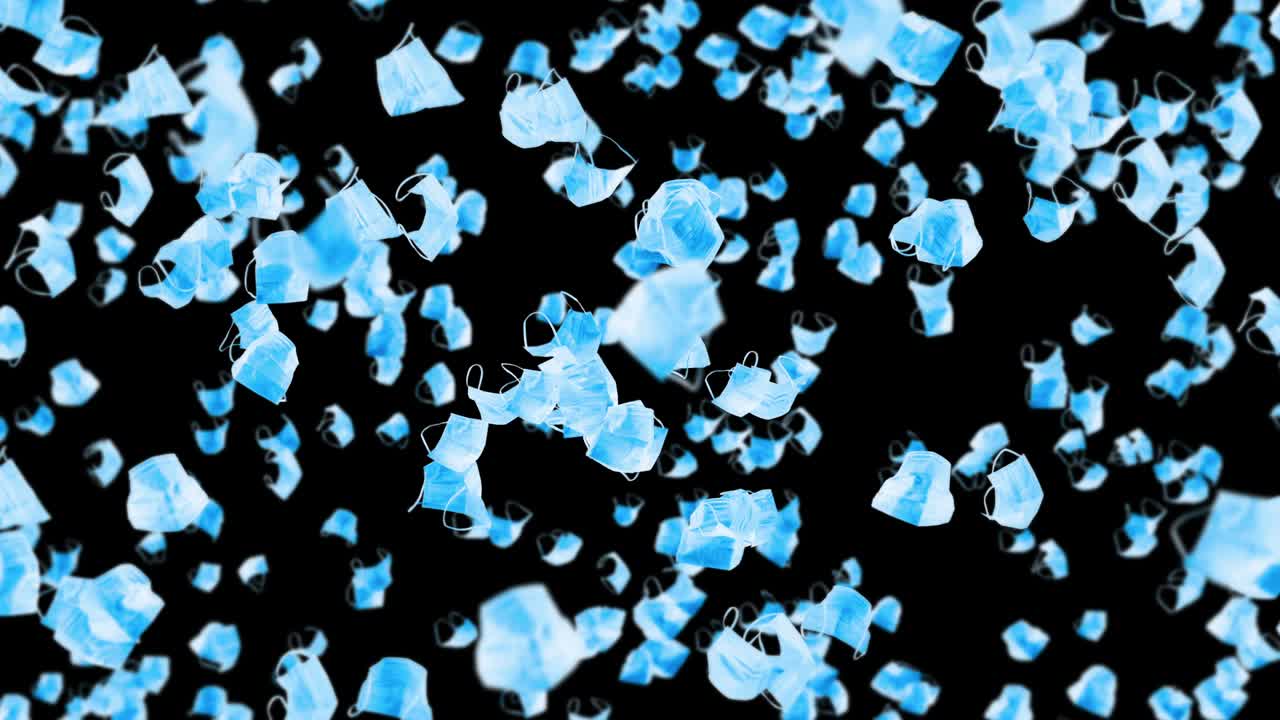 검은 바탕에 많은 파란 마스크를 날아. 의료 개념. 수술 보호 마스크. 마스크 회전의 3d 애니메이션. 루프 애니메이션.