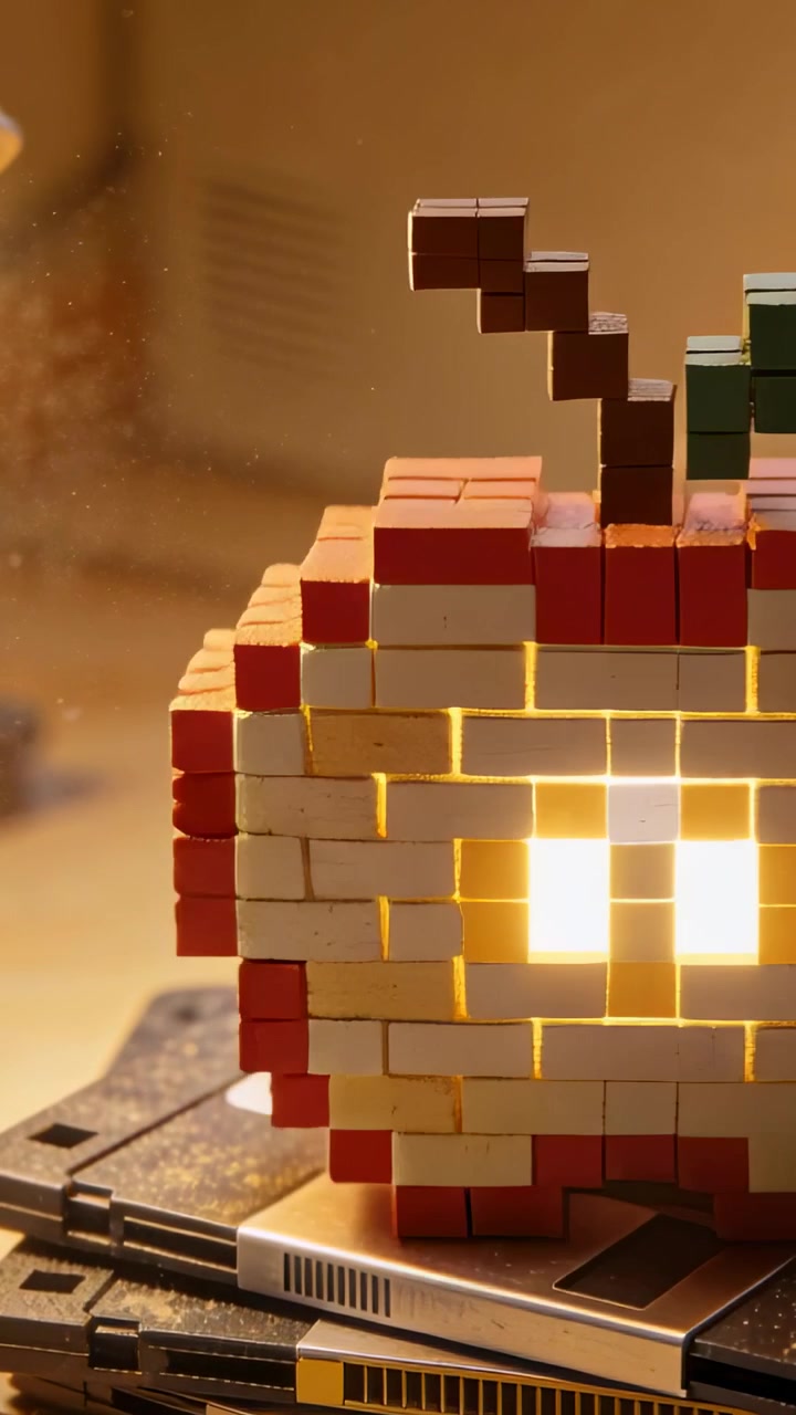 Video verticale: Telecamera panoramica che mostra una mela pixelata che si accende su un morsetto, illuminando occhi a LED, con spazio per il testo.