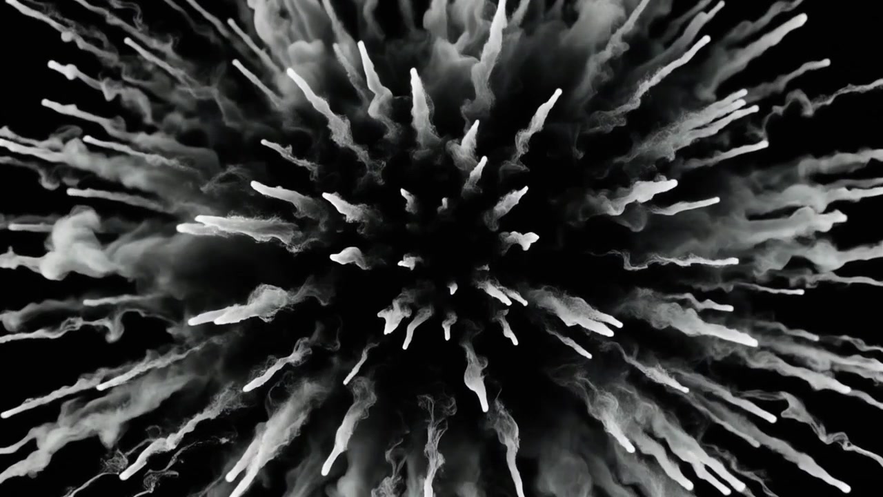 Animazione 3D astratta di spuntoni di fumo bianco in espansione su sfondo nero
