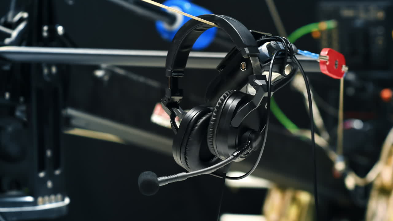 Audio headset hanging on a video camera crane in a television studio. Video production backstage