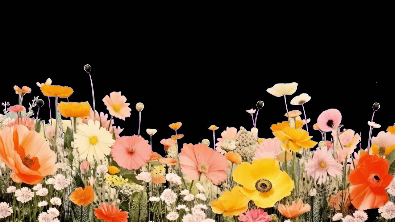 Livlig blomsterhagescene, animert overlegg, transparent 4K-video, alfakanal, ProRes 4444