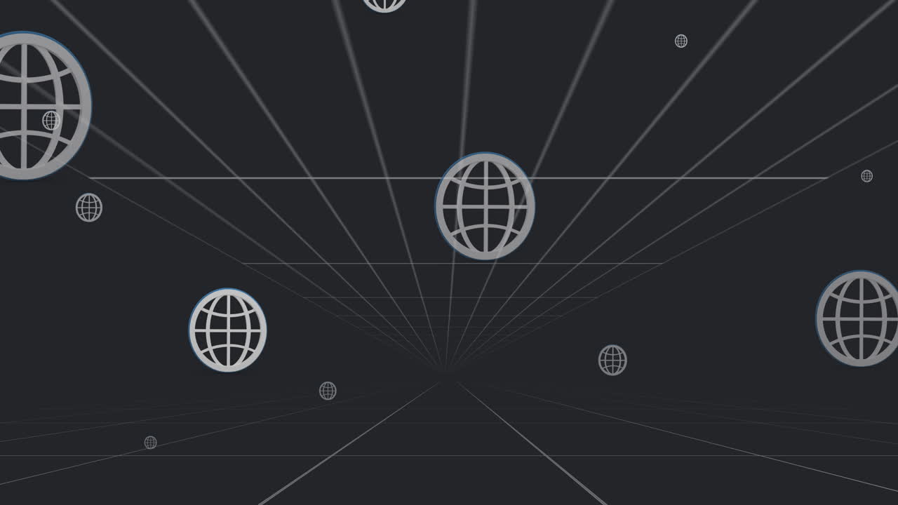 Animation of multiple web globe icons floating over tunnel in seamless pattern on black background