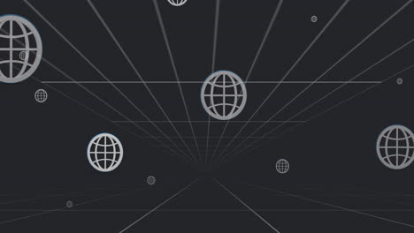 animación de múltiples iconos de globos web flotando sobre el túnel en un patrón sin costuras sobre fondo negro