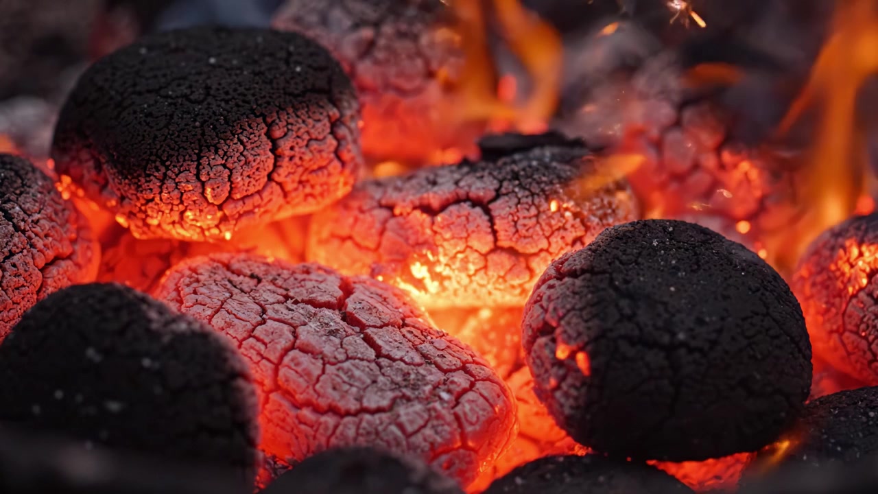 Una vista ravvicinata di bricchette di carbone ardenti in una griglia, che emettono braci luminose e calore radiante, perfette per cucinare e grigliare.