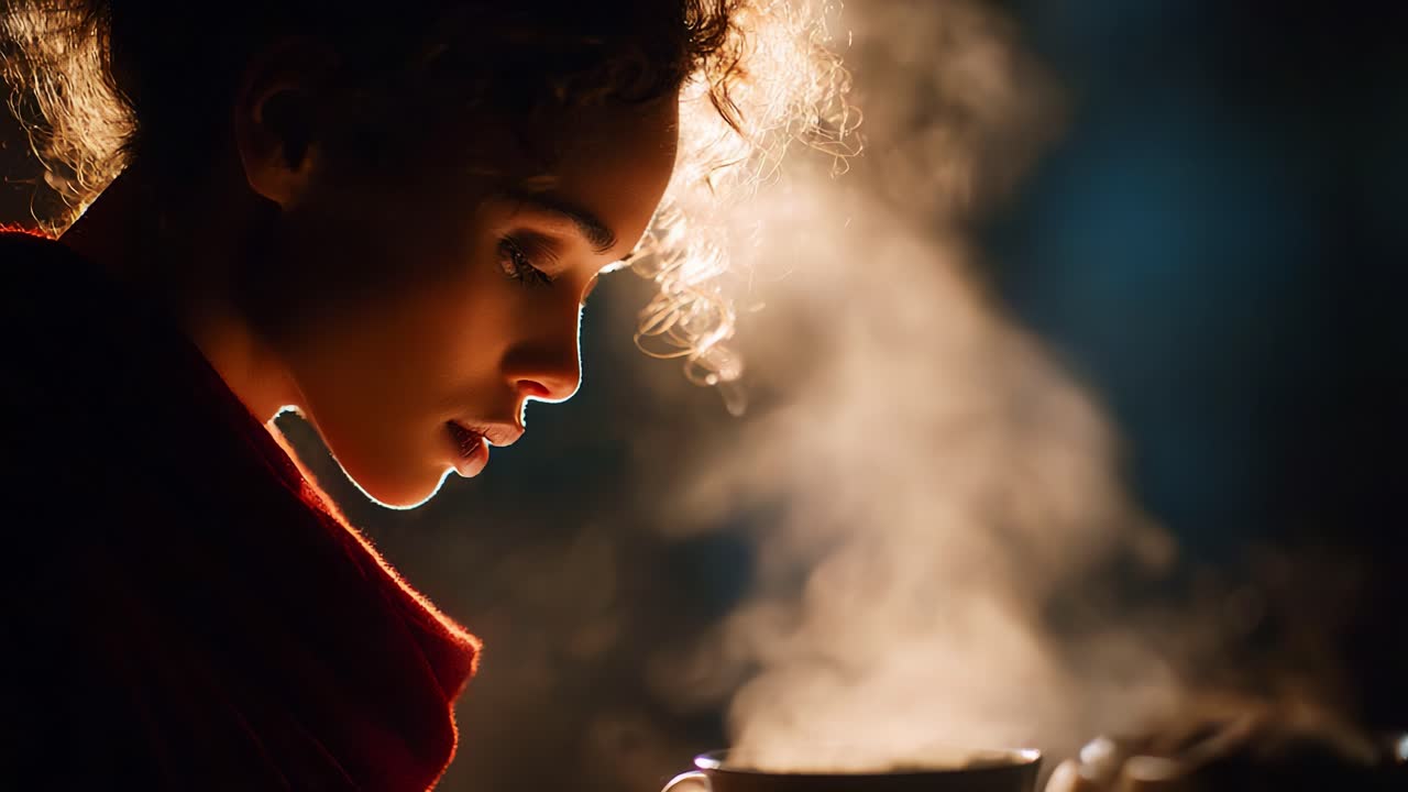 A contemplative moment captured in two frames, showcasing a woman lost in thought as she enjoys a steaming cup of beverage, illuminated by soft light and enveloped in warmth