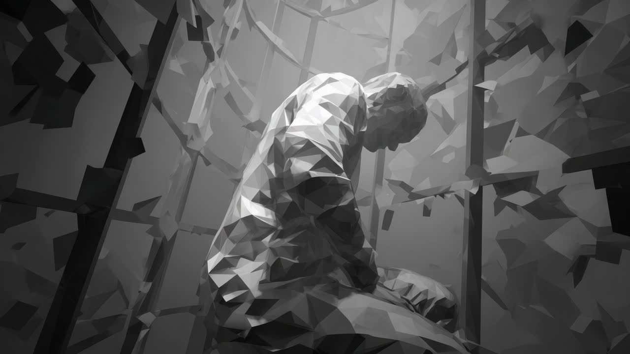 A solitary figure depicted in a monochromatic, low-poly design sits confined within a geometric environment, suggesting themes of introspection, isolation, and existential contemplation