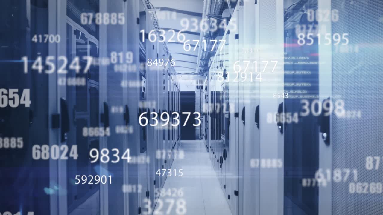 Animation of multiple changing numbers, data processing and light spot against computer server room