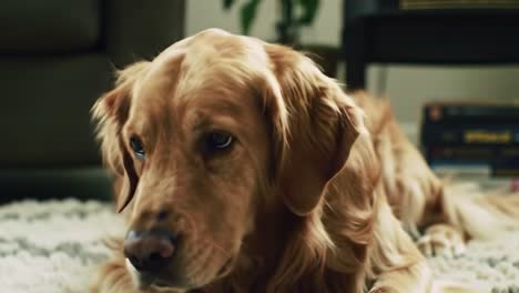 a golden retriever relaxing in a cozy living room, showcasing its gentle expression and curious nature while surrounded by a warm indoor atmosphere