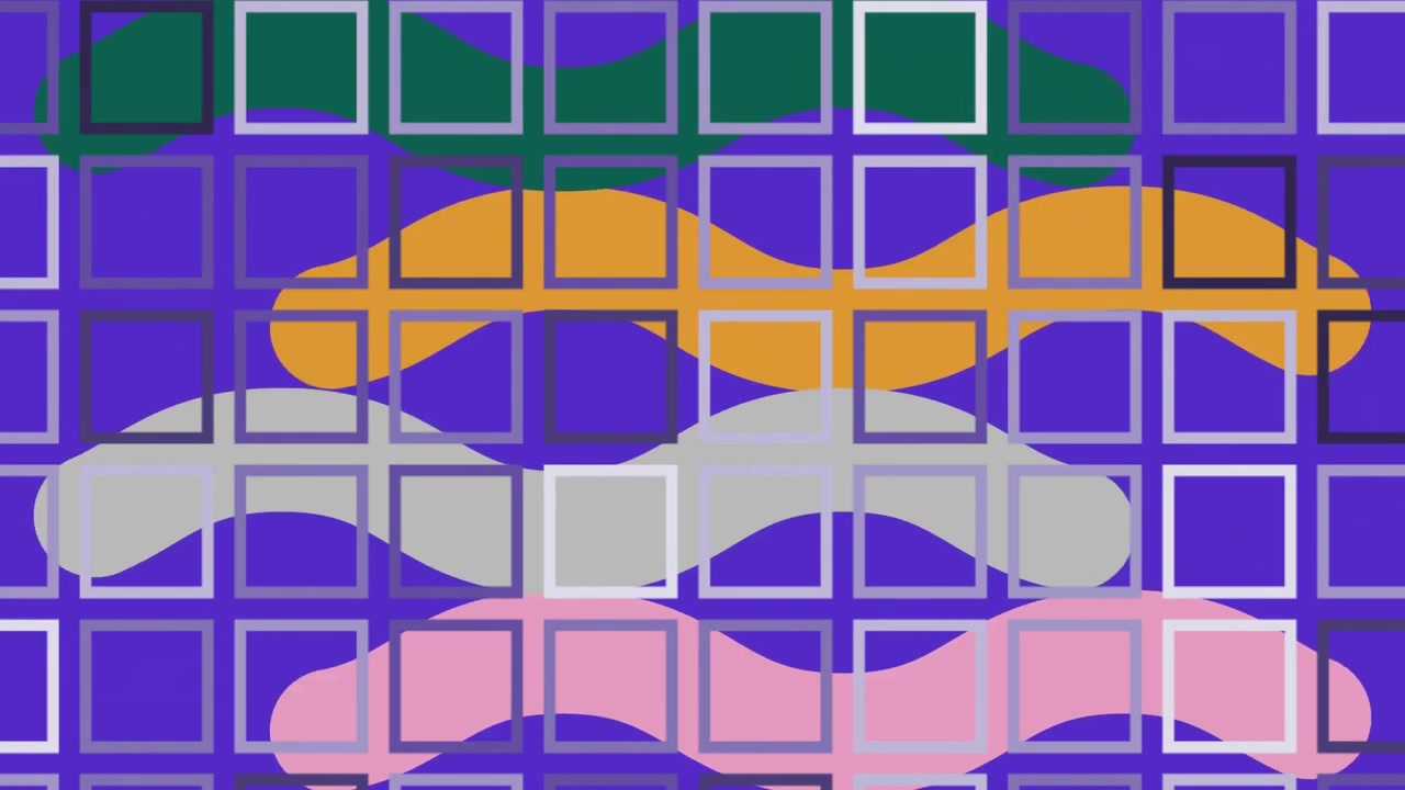 Animation of rows of scuares over abstract vibrant pattern