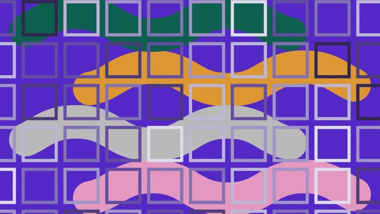 Animation of rows of scuares over abstract vibrant pattern