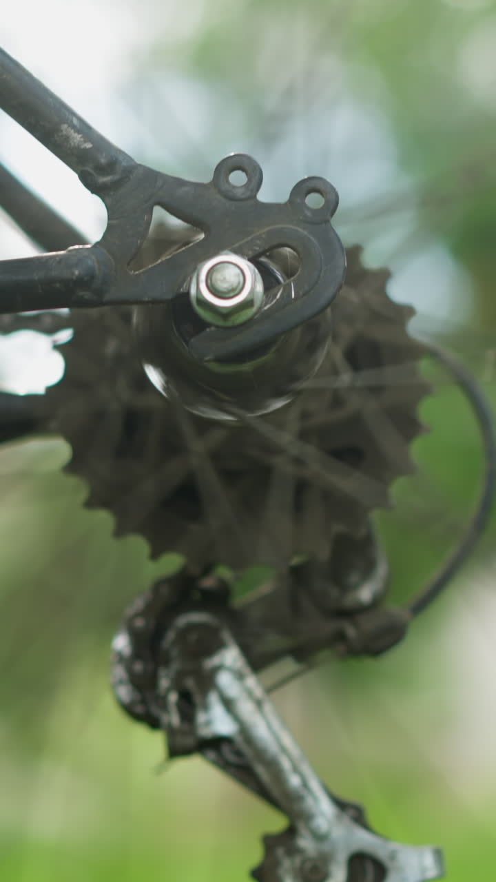 primer plano de la rueda trasera de la bicicleta y el sistema de engranajes girando brevemente, la cadena y la rueda dentada están en foco, mientras que el fondo consiste en vegetación borrosa