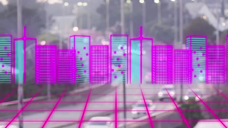 animación de la ciudad del metaverso sobre el paisaje urbano borroso.