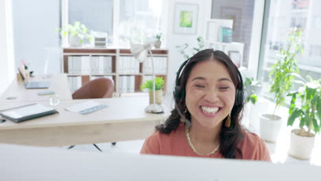 Asian-woman,-call-center-and-computer