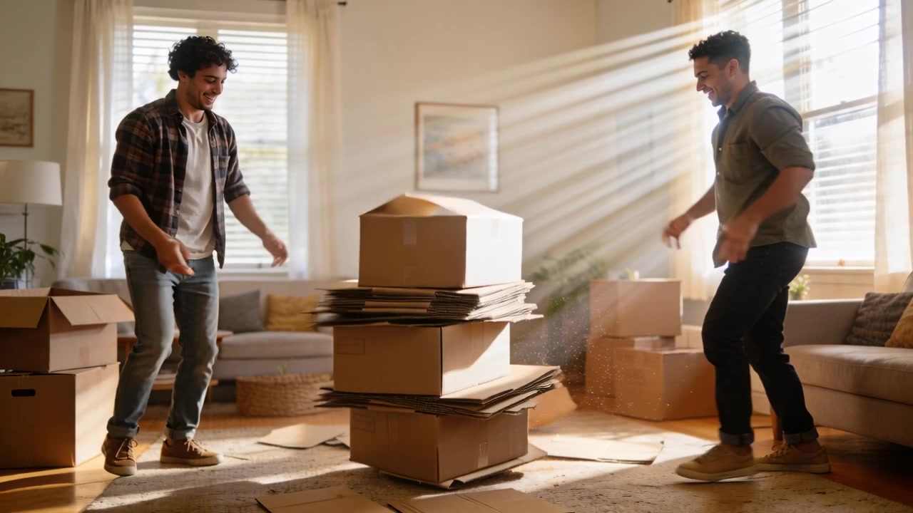Stack tilting, two men catching boxes in sunlit living room, wearing plaid and button-up, packing