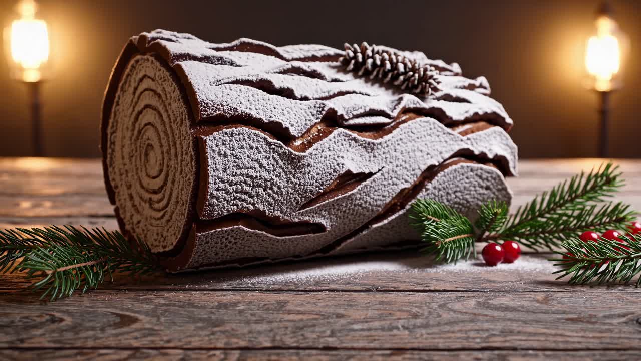 Rustic yule log cake on wooden table, dusted with powdered sugar