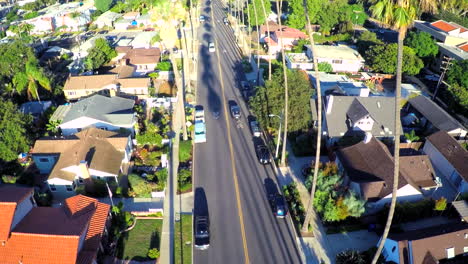 Beautiful-rising-vista-aérea-shot-over-a-palm-tree-lined-street-in-Southern-California