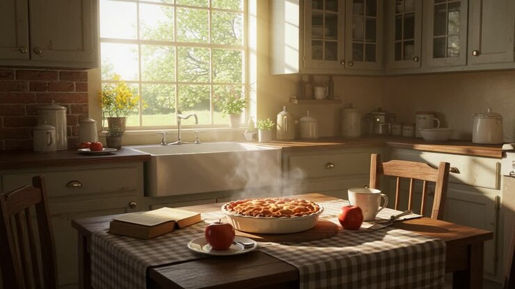 Una scena di cucina accogliente inondata di luce naturale, con una torta appena sfornata, mele e un'atmosfera calda che invita alla convivialità e al comfort.