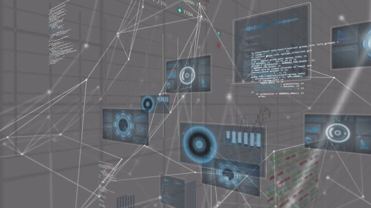 Animation of network of connections with icons and data processing over server room