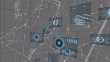 Animation of network of connections with icons and data processing over server room