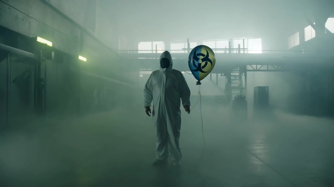 Hætteklædt figur i hvid beskyttelsesdragt står i et stort tåget lager ved siden af en svævende biofareballon, omgivet af beton, metalbjælker, trapper, en hævet gangbro, lyse vinduer og et køligt miljø.
