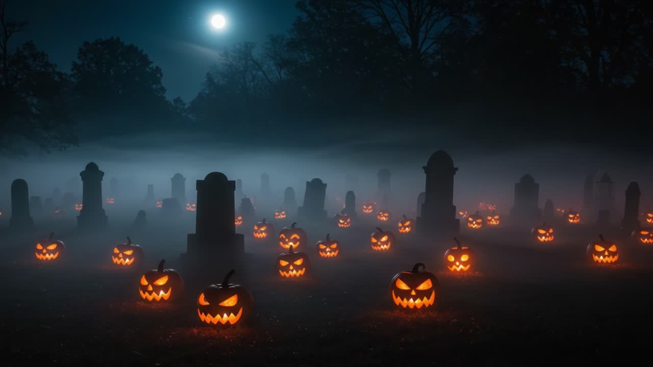 A Spooky Halloween Night Scene Featuring Eerie Jack-o'-Lanterns Illuminating a Foggy Graveyard Underneath a Full Moon, Creating an Atmosphere of Mystery and Fright
