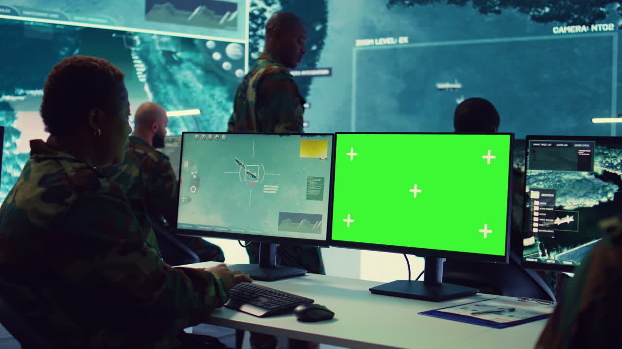 여성 오퍼레이터는 고립된 디스플레이와 적 선박을 추적합니다.