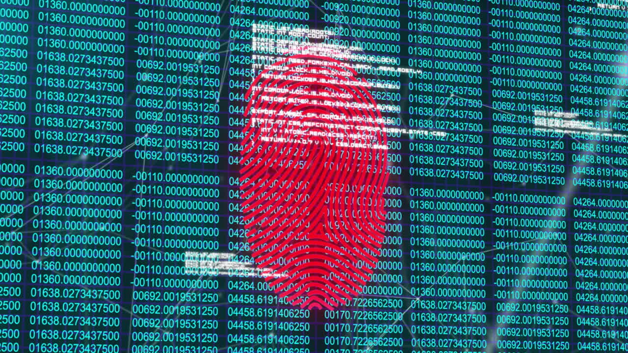 animación de la red de conexiones con huella dactilar sobre el procesamiento de datos en fondo negro
