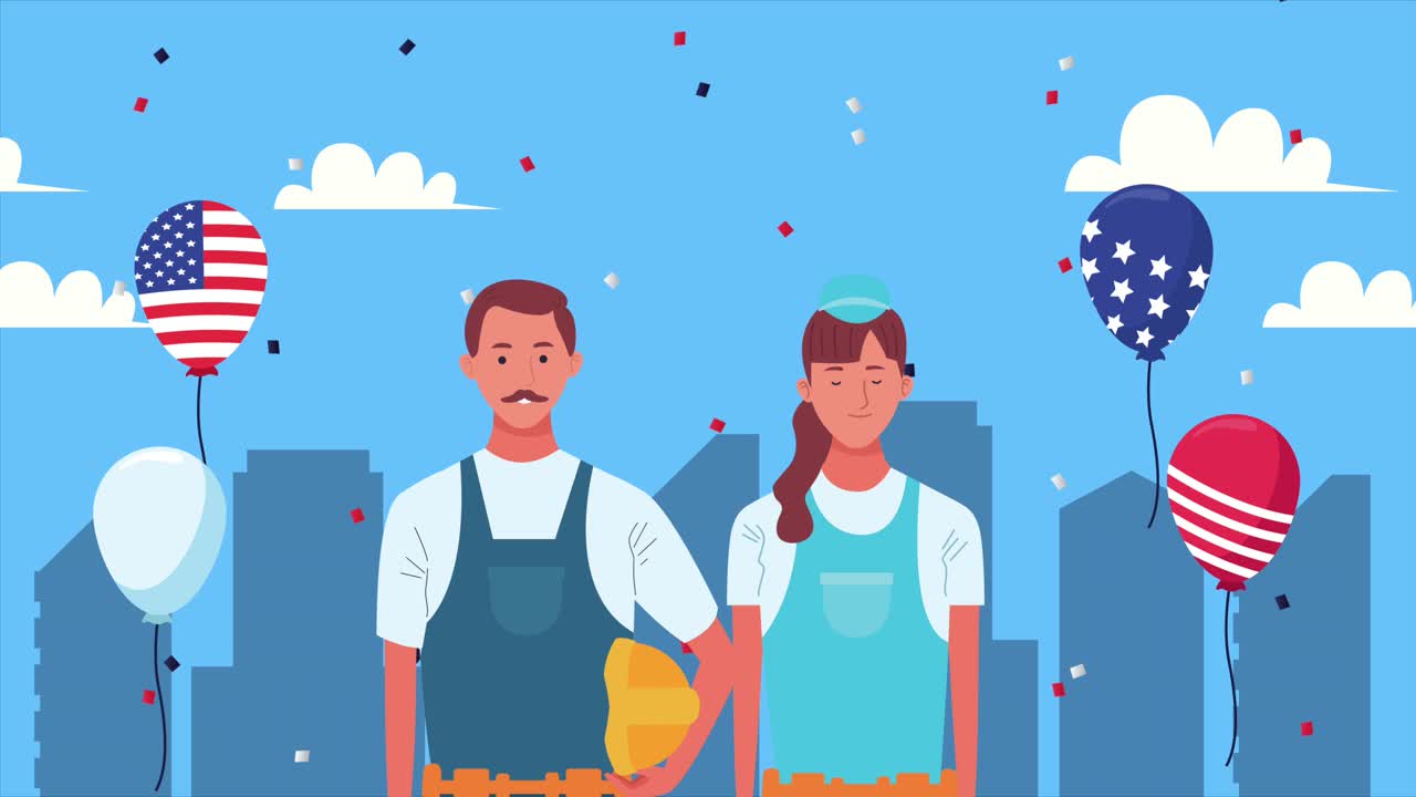 건설사와 헬 풍선과 함께 행복한 노동의 날 축하