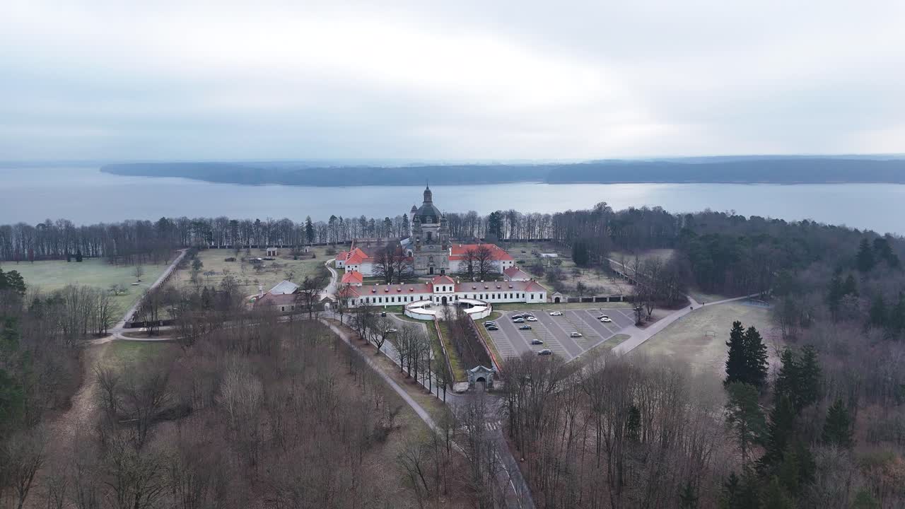 Iconic monastery complex in Lithuania, aerial view