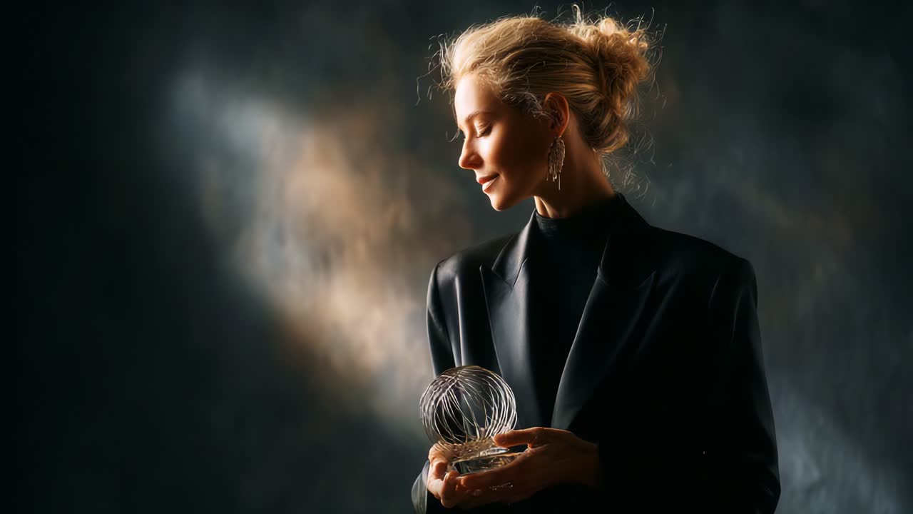 A Graceful Elegance: Capturing a Woman Embracing Artistic Achievement with a Crystal Trophy in a Dramatic Light Setting, Symbolizing Triumph and Recognition