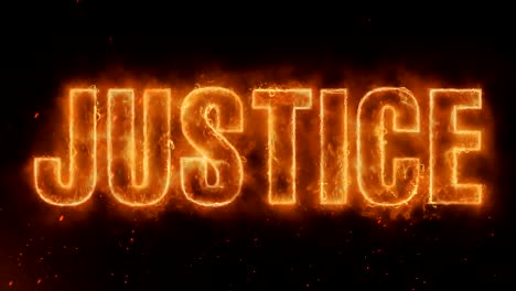 justice word hot burning on realistic fire flames sparks and smoke continuous seamlessly loop animation