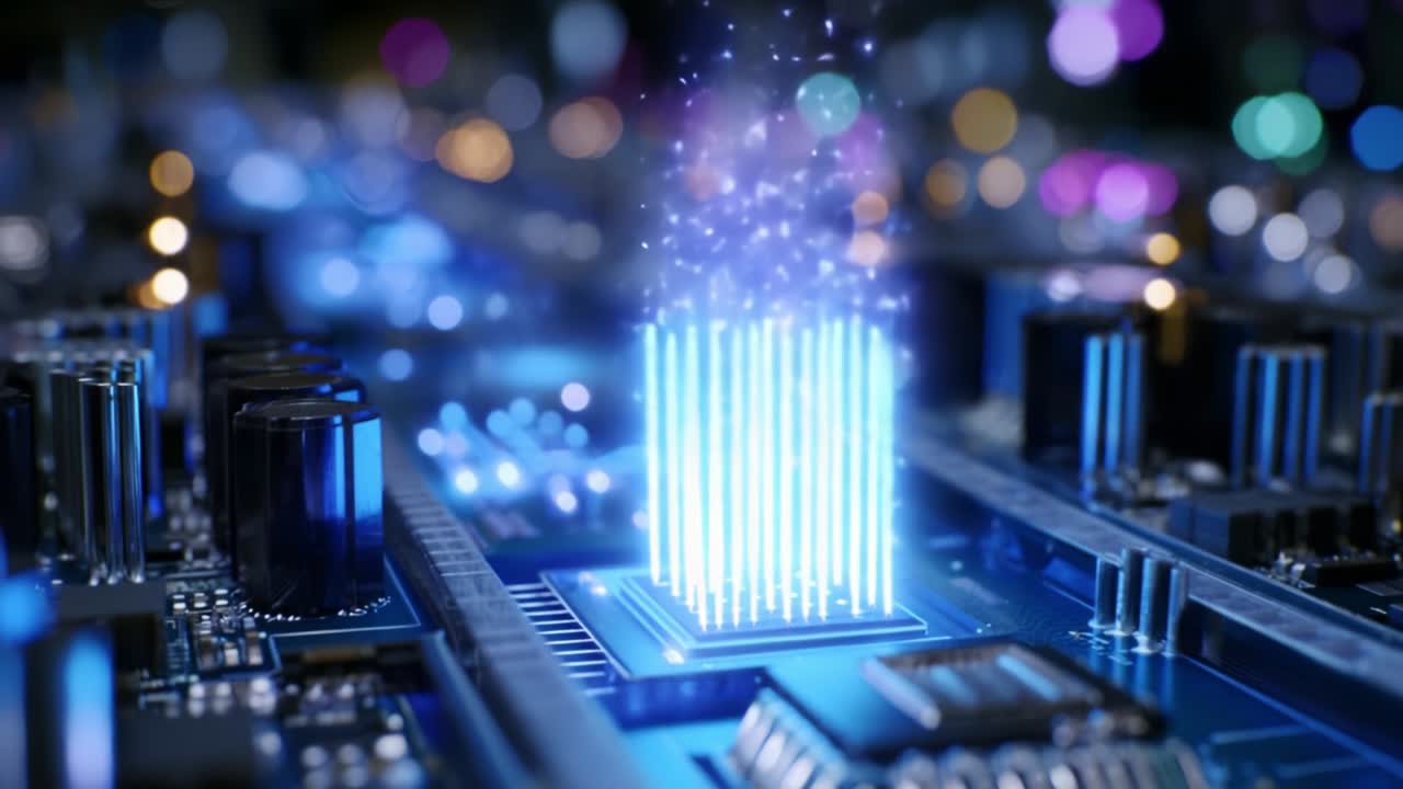 Visualizing the Future of Technology: A Stunning Display of Digital Sparks and Electric Blue Streams Emanating from a Microchip on a Circuit Board, Symbolizing Innovation in Computing and Electronics