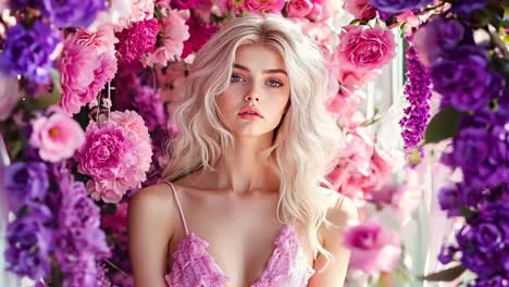 a woman in a pink dress standing in front of a bunch of flowers