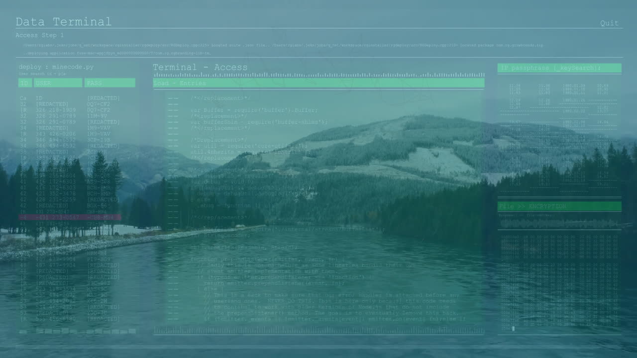 Animation overlaying data terminal interface on serene mountain lake landscape