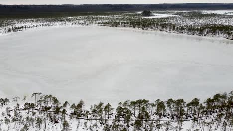 Drone-Aéreo-Girando-Sobre-El-Lago-Luhasoo-Bog-En-Invierno