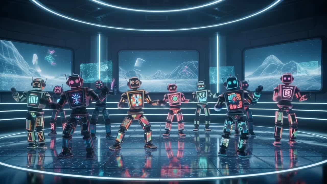 A Vibrant Display of Dancing Robots in a Futuristic Setting with Neon Lights and High-Tech Background, Showcasing an Energetic Performance
