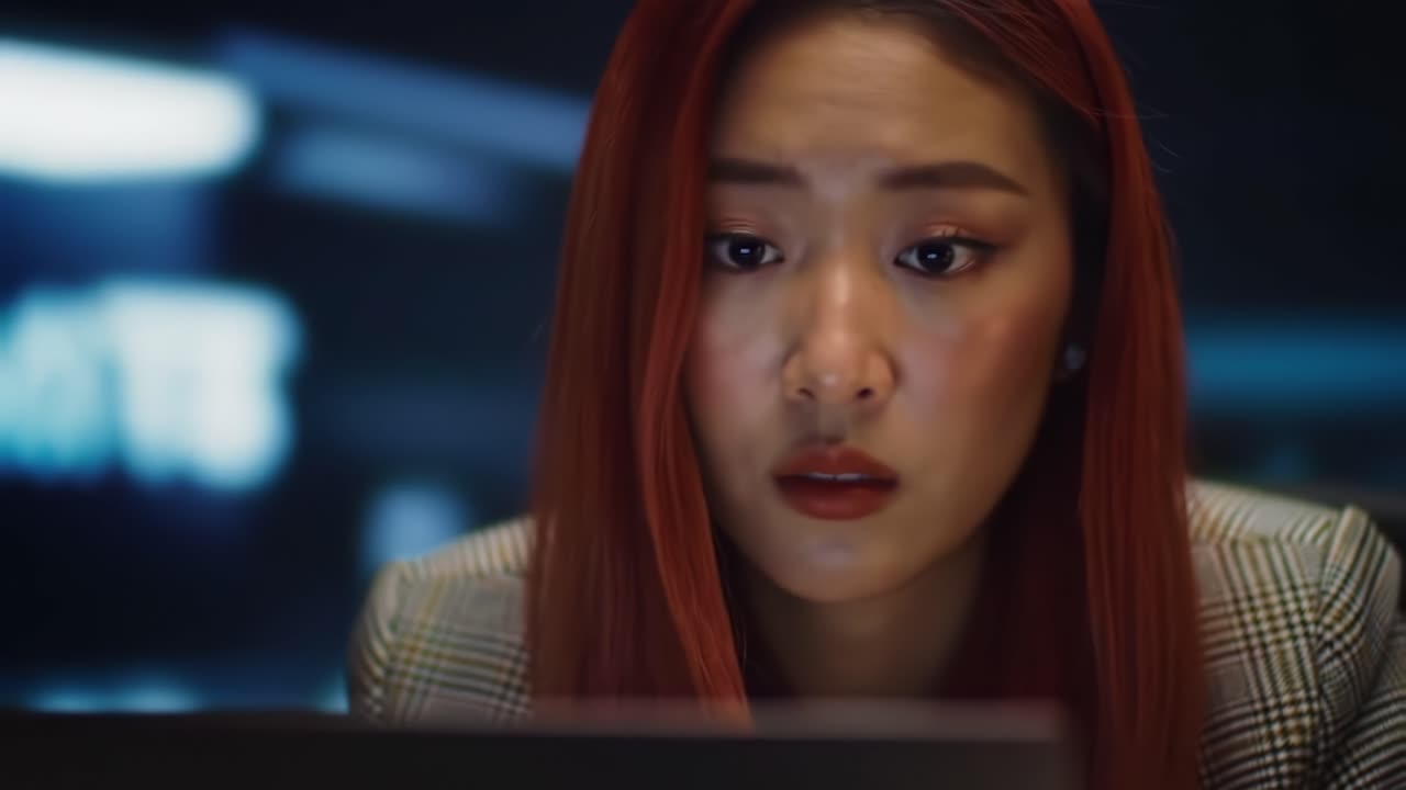 A Focused Woman Engaged in Deep Thought While Analyzing Data on Her Laptop, Showcasing Determination and Intensity in a Modern Setting