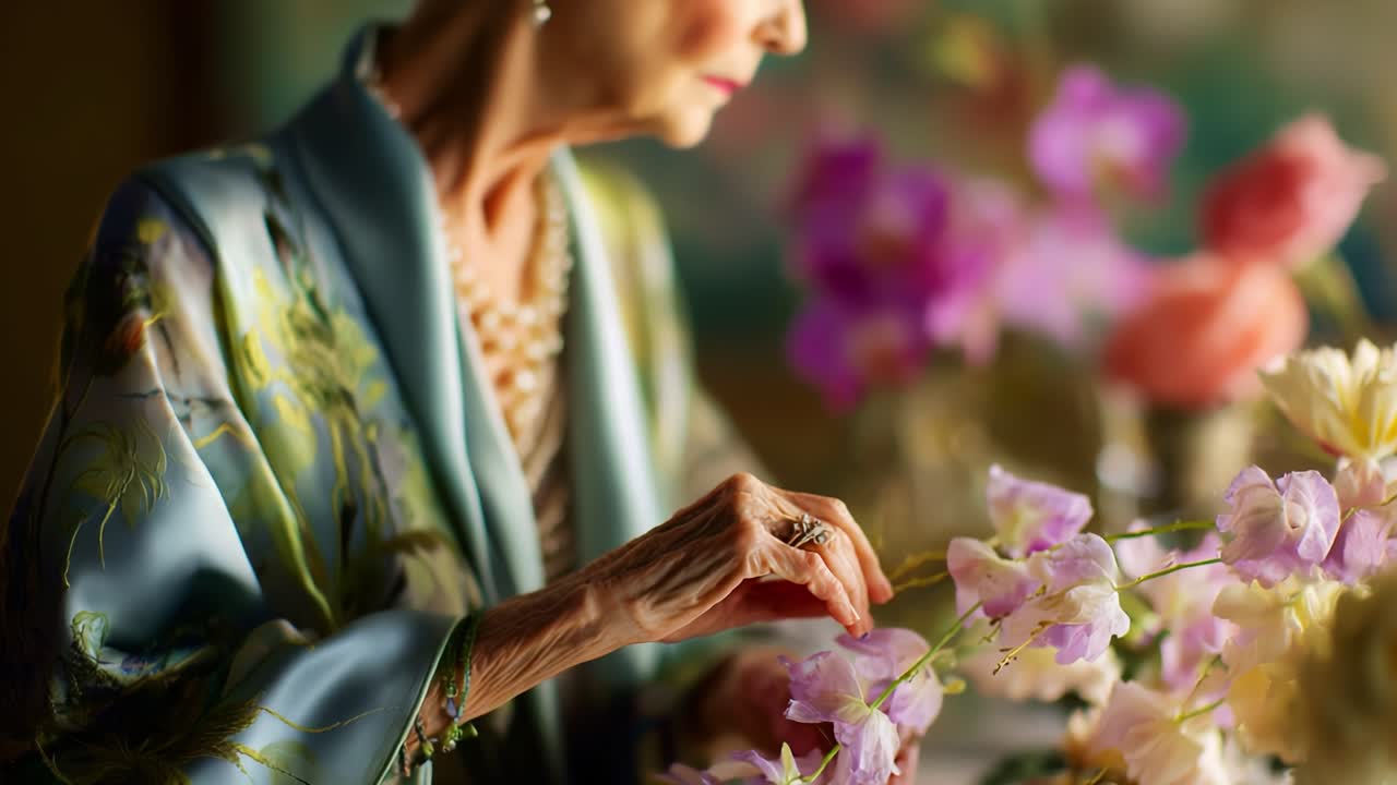 An Elegant Moment: A Graceful Senior Woman Delicately Adjusting Beautiful Flowers While Dressed in a Luxurious Robe, Captured in a Softly Lit Room Filled with Blossoms