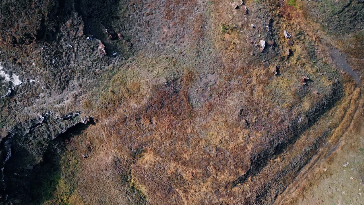 Tørt og stenet landskab med spredt vegetation og sten. Barskt terræn.