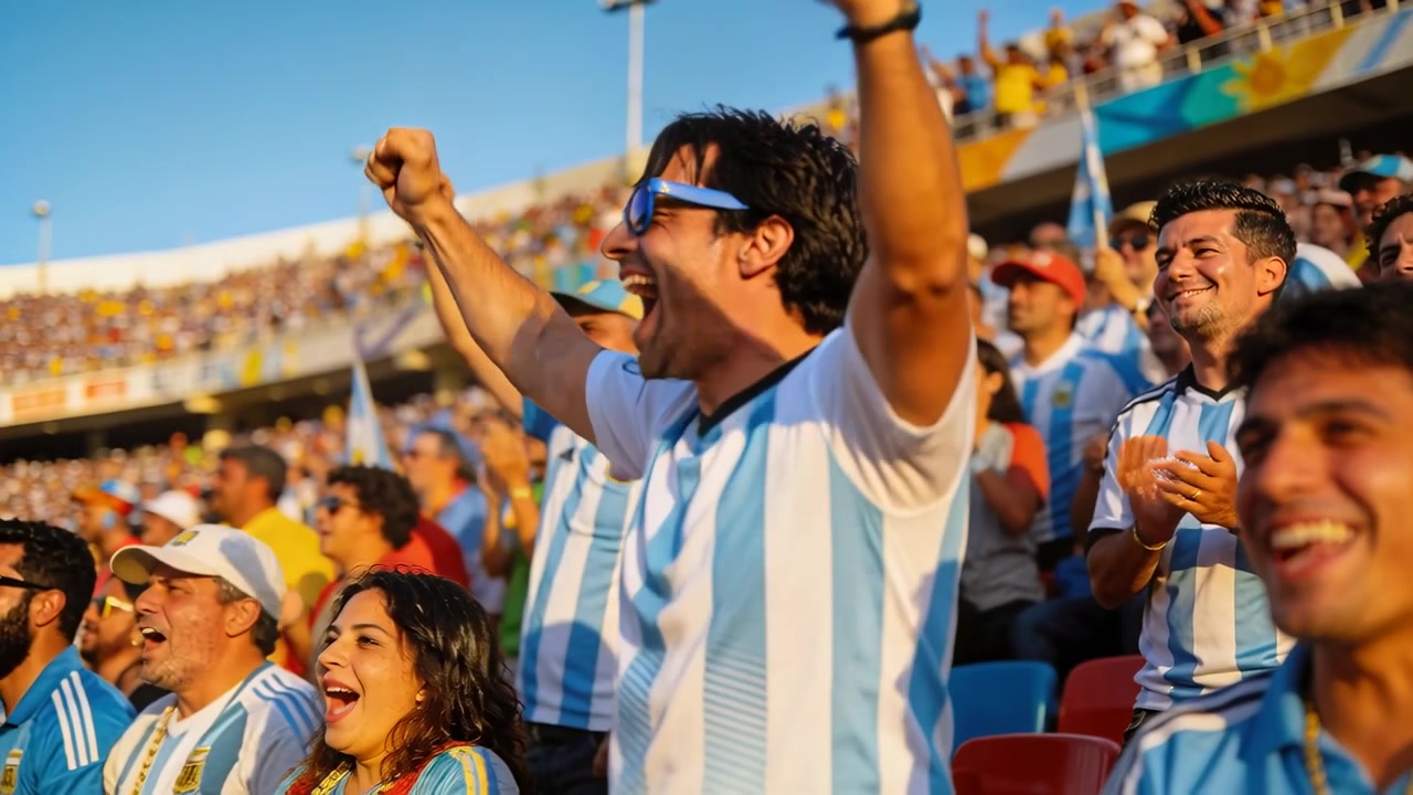 Aficionado principal animando, con camiseta a rayas y gafas de sol azules en el estadio, celebrando después de un gol del equipo.
