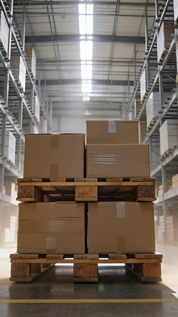 Vertical video: Dollying camera highlighting boxes on wooden pallets in warehouse aisle dust rising